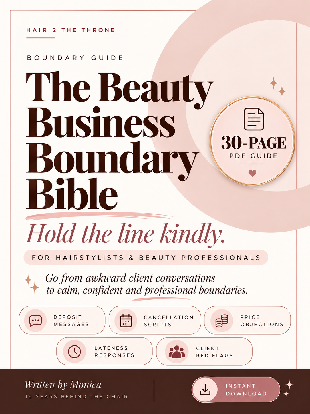 The Beauty Business Boundary Bible, 30-page PDF guide with deposit, cancellation and client communication scripts